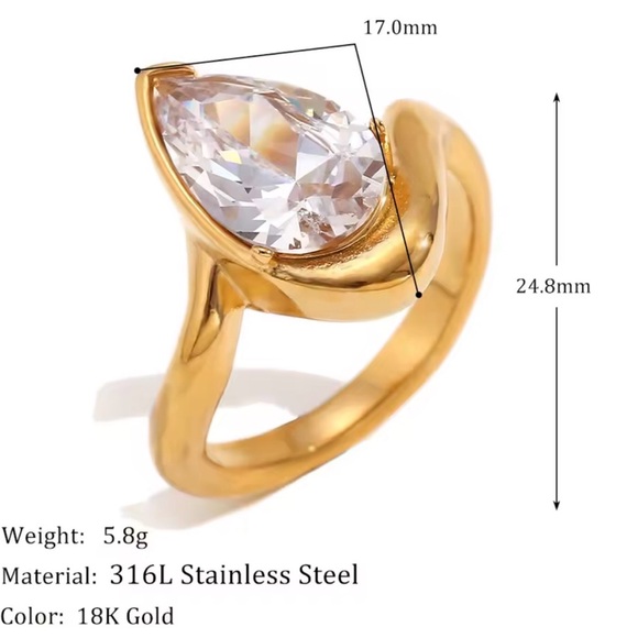 18k gold plated stainless steel pear shaped engagement ring - Picture 9 of 9